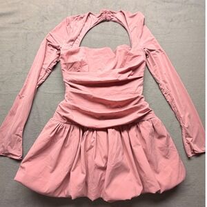 Oh Polly Pink Ruched Bubble Hem Mini Dress Long Sleeve Open Back US 6 Balletcore